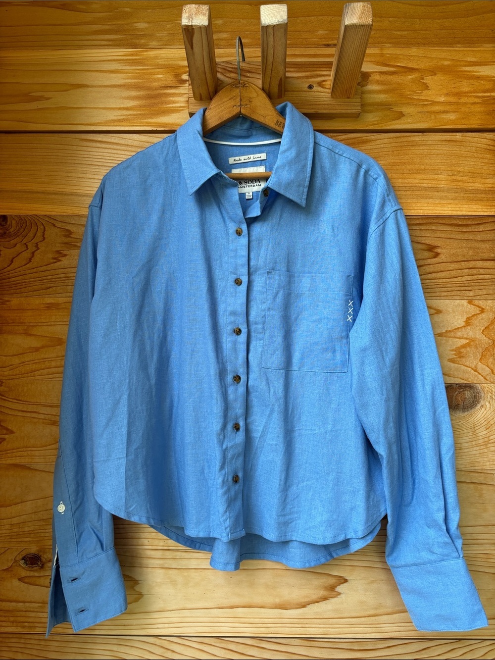 NWT Scotch & Soda Linen Blend Crop Button-Up Shirt Blue Long Sleeve Size Small